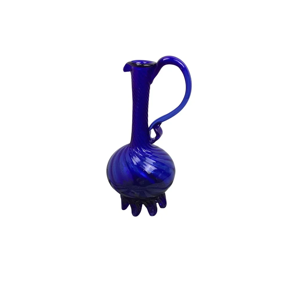 Vintage MCM Empoli Italy Cobalt Blue Art Glass Ewer Optic Swirl Rigaree Base Lg